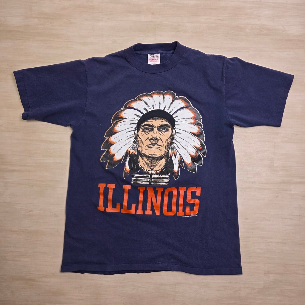 Vintage 1990 Oneita Power-T Illinois Fighting Illini Shirt Large Navy Chief USA